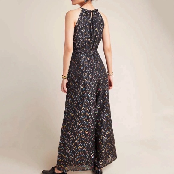 Eva Franco Anthropologie Edita halter black jumpsuit multi-color metallic dot- 2 - Picture 2 of 15